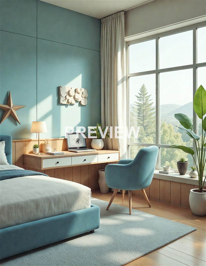 A cozy bedroom with a large window overlooking a landscape with trees and mountains, featuring a bed, a desk with a laptop, a blue armchair, and various potted plants.